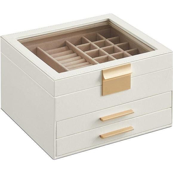 Jewelry Box with Glass Lid 3-Layer Jewelry Organizer 2 DrawersJewelry Storage